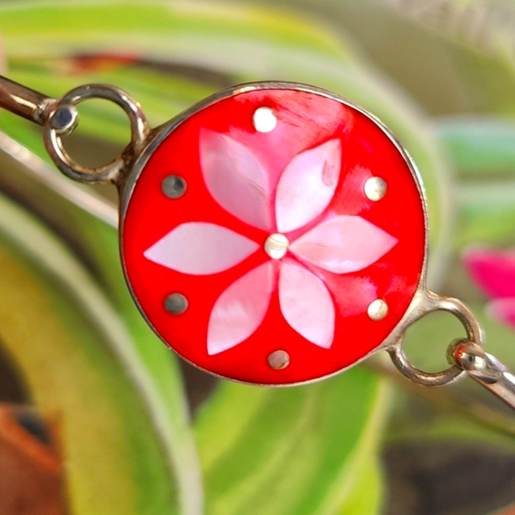 ALPACA Mexico Silver MOP Enamel HOT PINK Bangle Abalone Shell Flower Bracelet - Picture 6 of 13